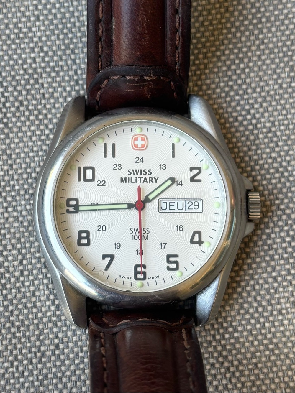 Swiss Military The Genuine 100 M Men's Brown Leather Strap White Dial Watch